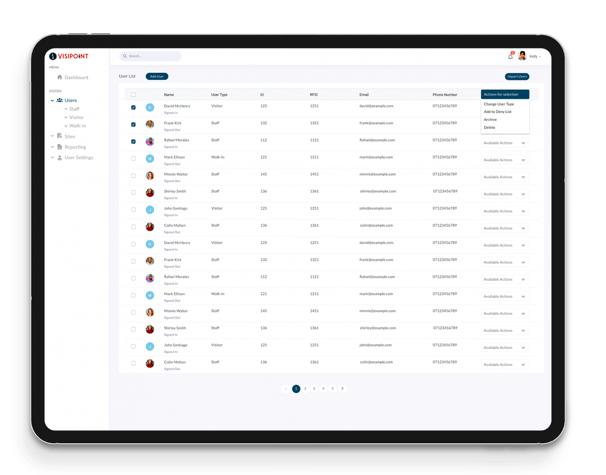VisiPoint Cloud on Tablet- User Management Screen